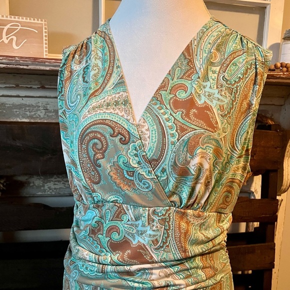 MERONA Sleeveless Paisley Dress Ruched Waist Sage/Brown XL - Picture 2 of 7